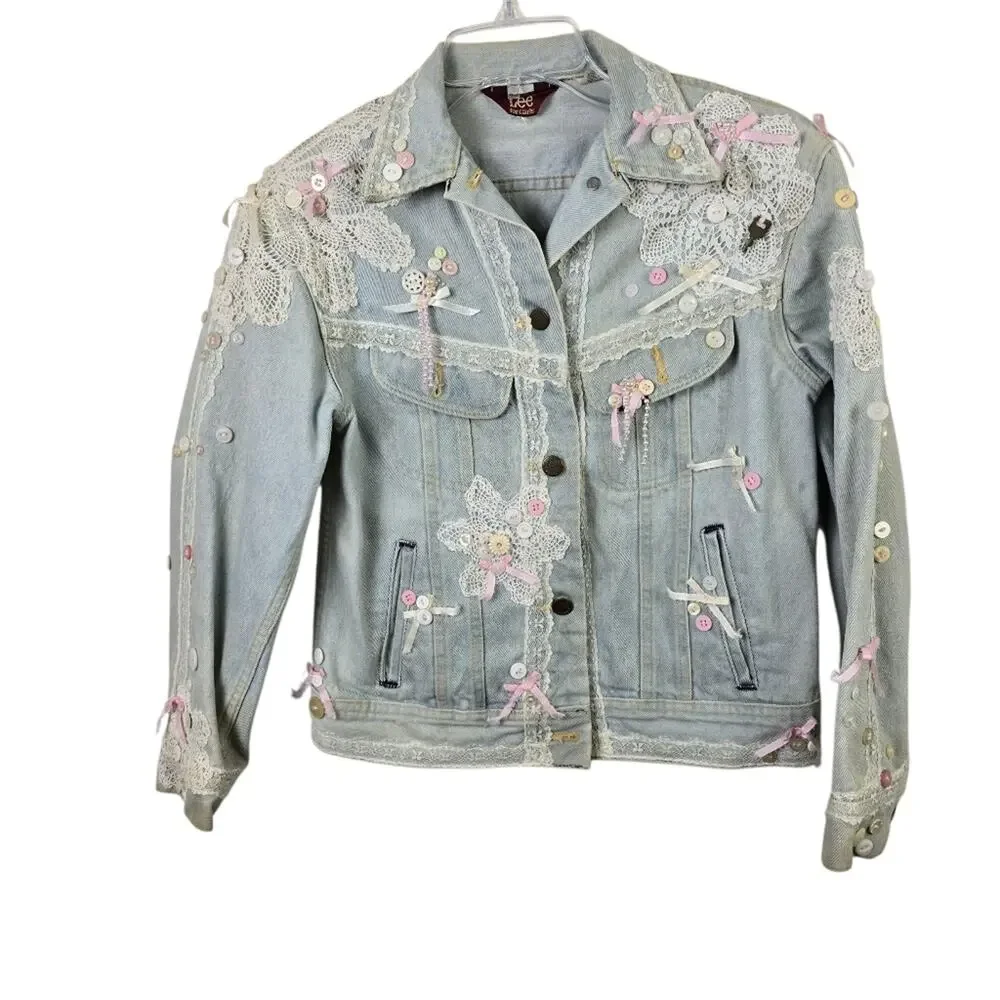 Coquette Fairycore Denim Jacket Size 14  Lace Pink Bows Embellished Button Up